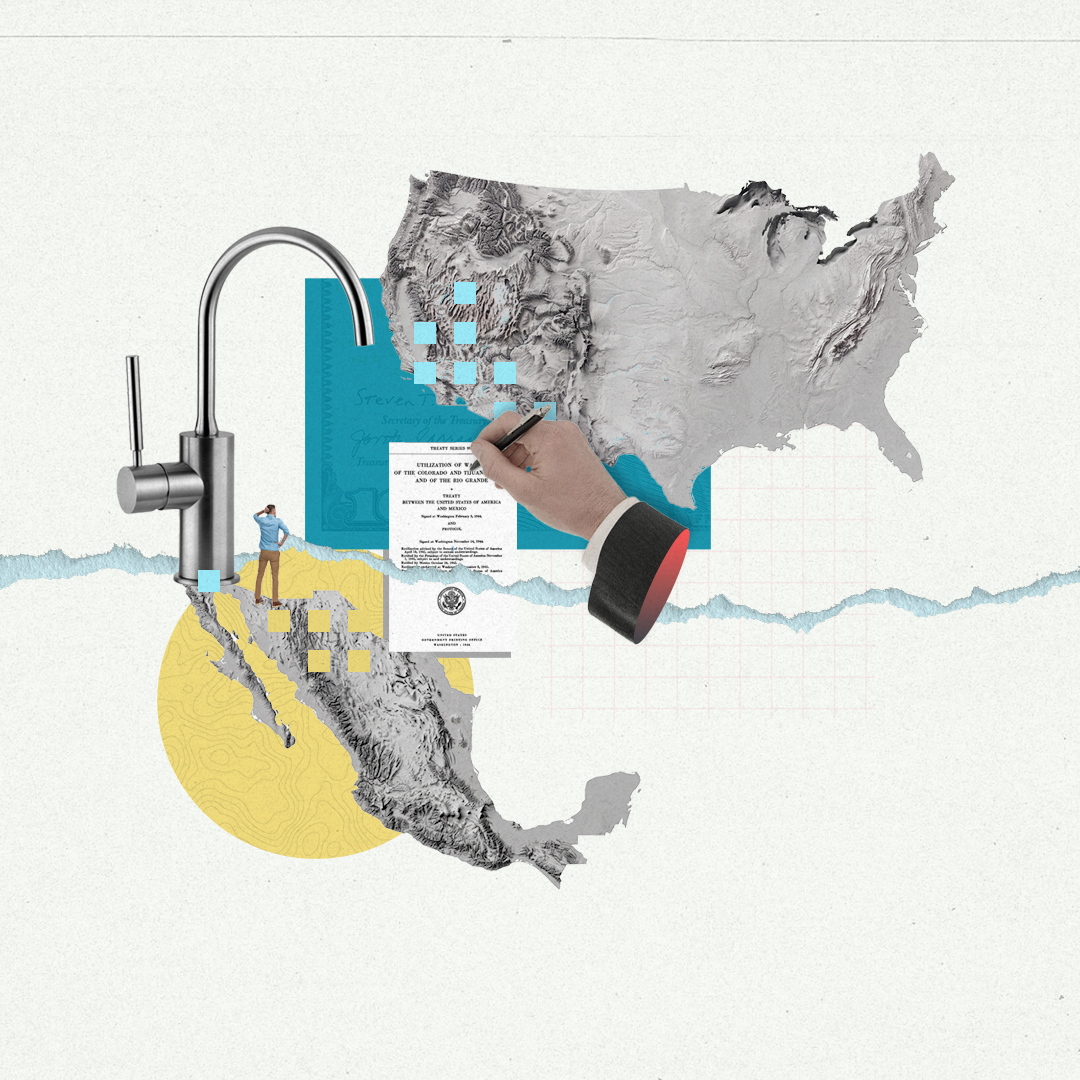 Ilustración de los territorios de Estados Unidos y México, divididos por un río. Una mano firmando un documento